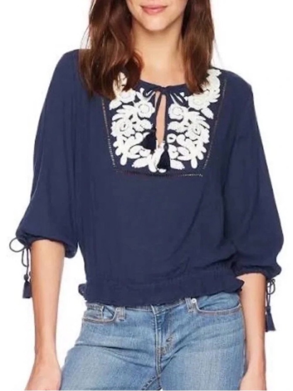 Lucky Brand Smocked Boho Peasant Blouse Navy Blue White Embroidery Small